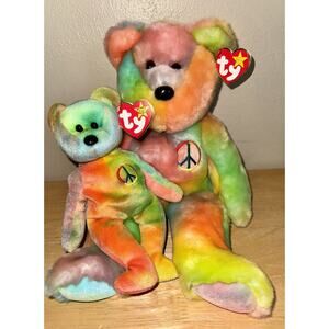 ty Peace Beanie Babies 1999 Buddies 1996 Tie Dye Rainbow Bear Set MWMT